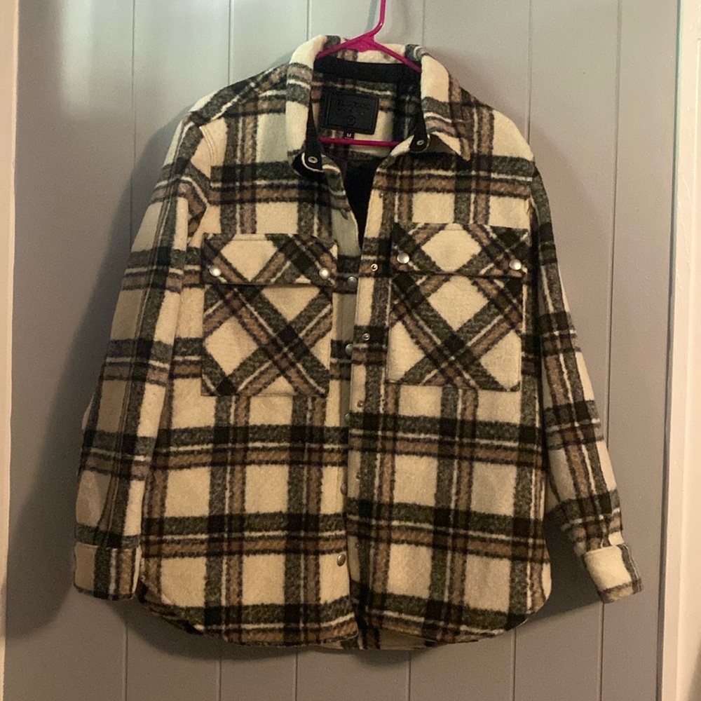 Blank NYC Plaid Teddy Jacket - Cream and Brown